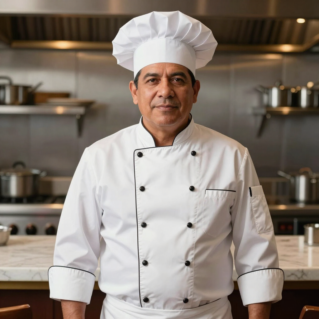 Chef in a white uniform and hat stands in a stainless-steel kitchen.