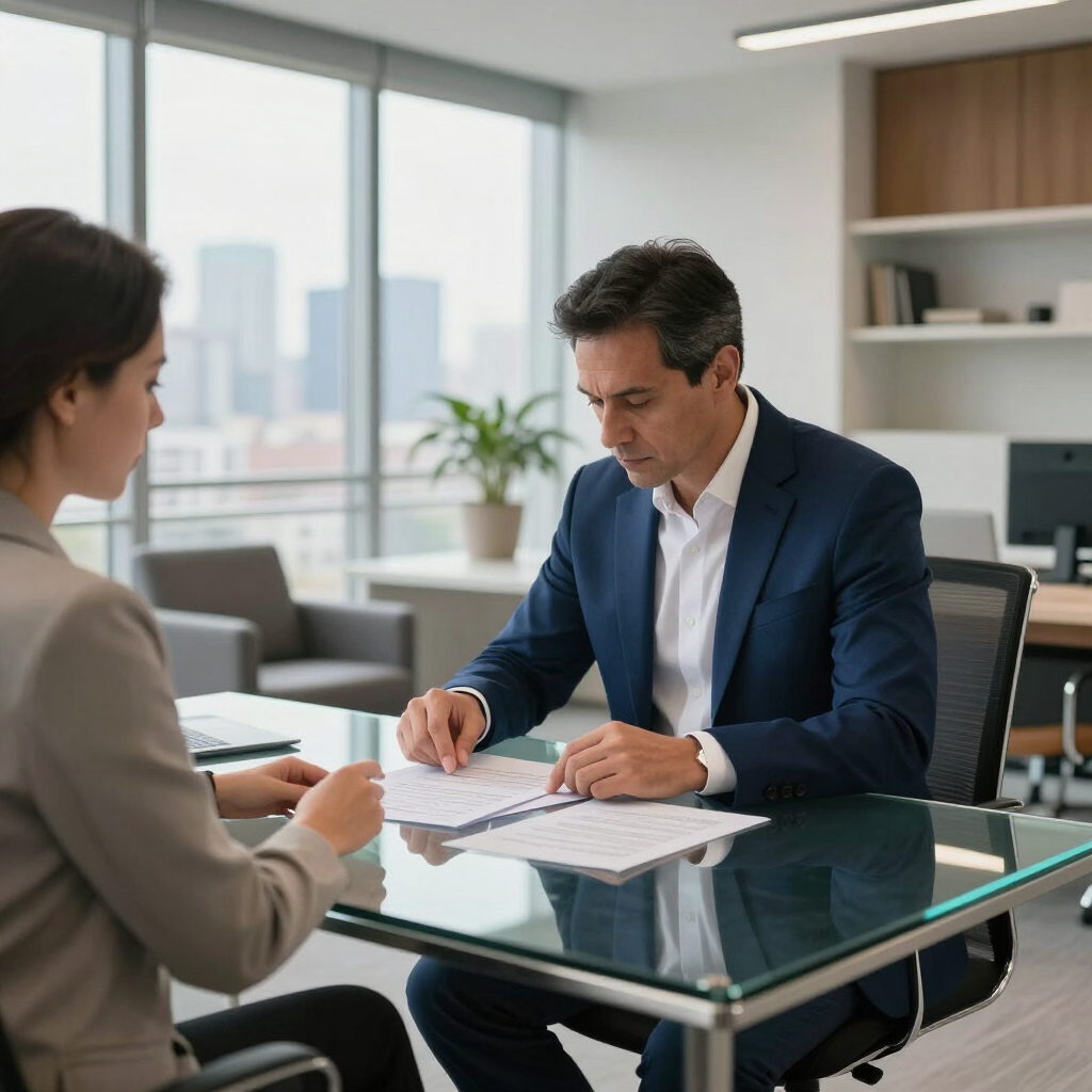 Two people meeting at a glass desk in a modern office, reviewing documents during a discussion