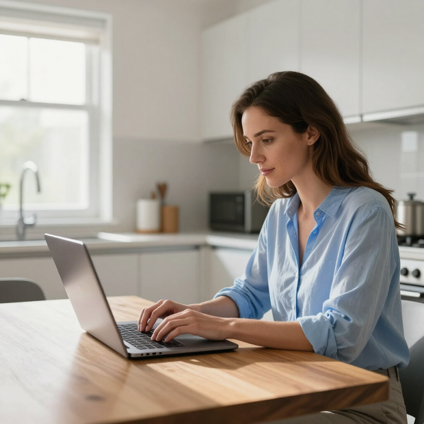 Person typing on a laptop at a kitchen table in a bright, modern kitchen