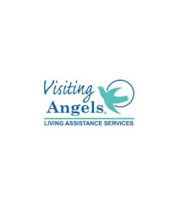 Visiting Angels logo with blue text and a blue-green angel icon, reading “Living Assistance Services”