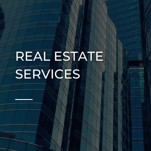 Real estate services text over a blue glass skyscraper background