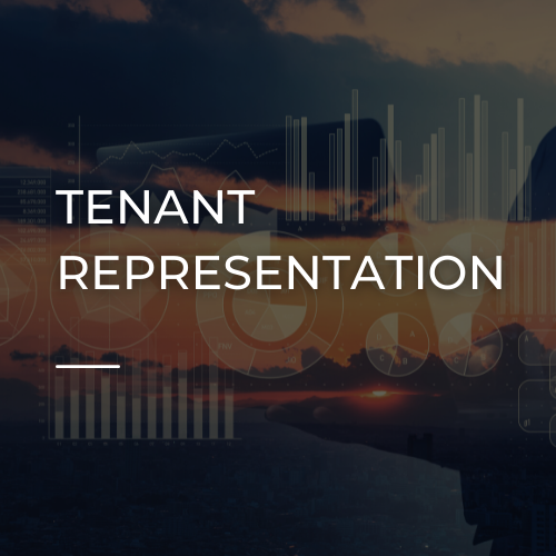 Tenant representation text over a dark city skyline and abstract chart graphics