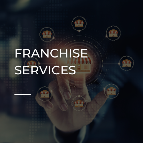 Hand touching a digital interface with “FRANCHISE SERVICES” text on a dark background