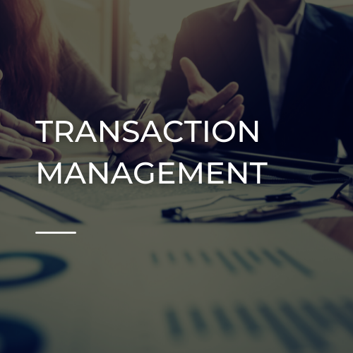 Business meeting with documents and pen, overlaid text: “TRANSACTION MANAGEMENT”