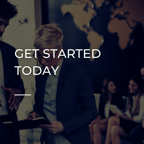 Business meeting scene with “GET STARTED TODAY” text over a dark office background and laptop users