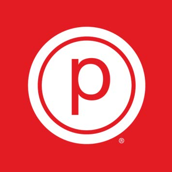 Red circular logo with a white lowercase “p” inside a white ring on a red background