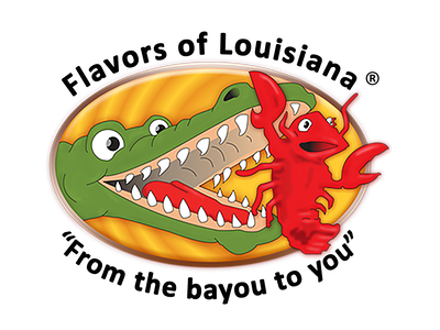 Flavors of Louisiana logo with green alligator and red crawfish, “From the bayou to you” text
