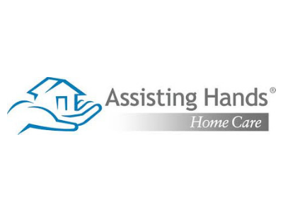 Assisting Hands Home Care logo with blue hand and house icon on white background