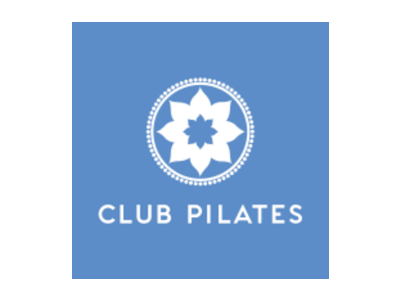 Blue Club Pilates logo with white floral emblem and text