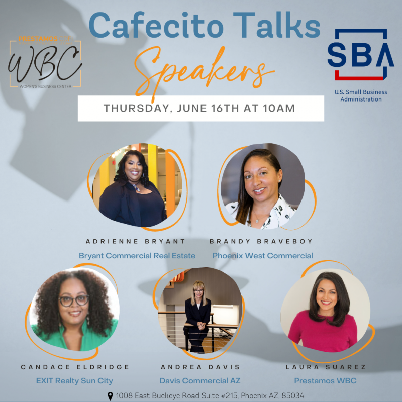 Cafecito Talks Speakers event flyer with five speaker headshots and Thursday, June 16th at 10am.