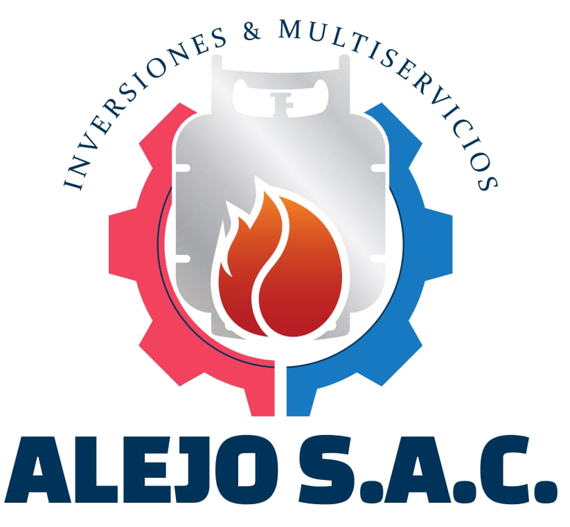Logotipo de ALEJO SAC con un engranaje rojo y azul, un extintor plateado y un icono de llama; texto “Inversiones & Multiservicios”