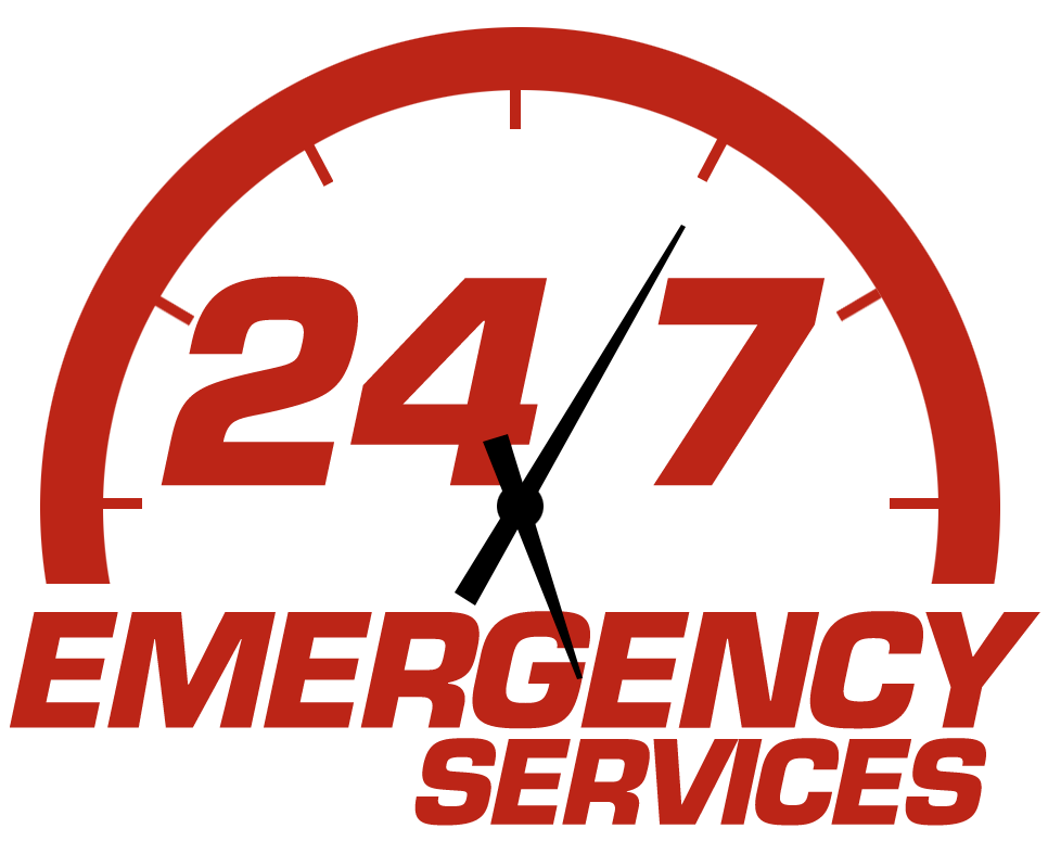 Red 24/7 emergency services logo with clock hands and bold text