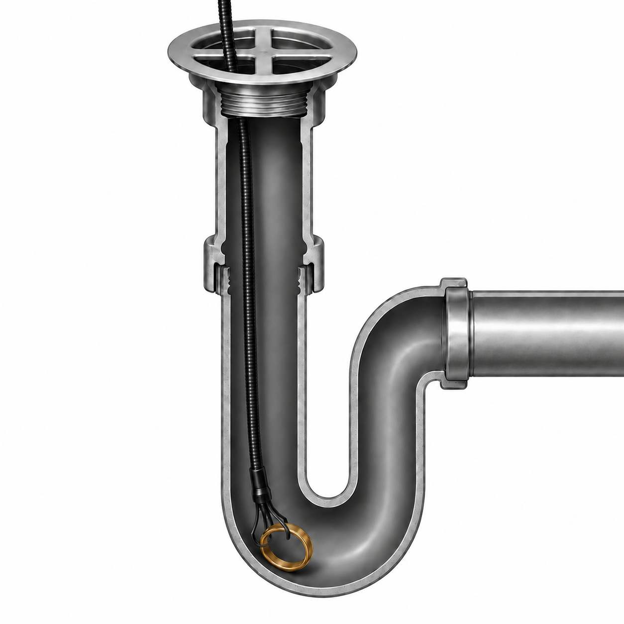 Bonde d'évier chromée avec siphon en forme de U et chaînette de bouchon noire
