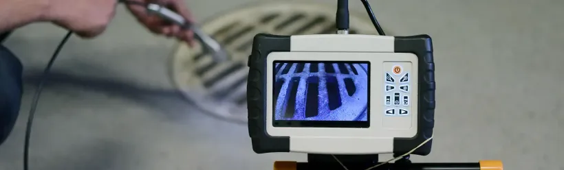 Une caméra portative inspecte une canalisation. L'écran affiche l'intérieur de la canalisation.