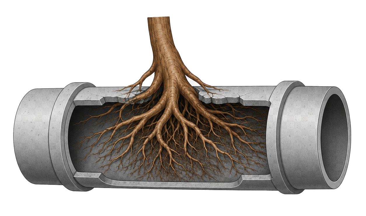 Des racines d'arbres obstruent une canalisation souterraine grise