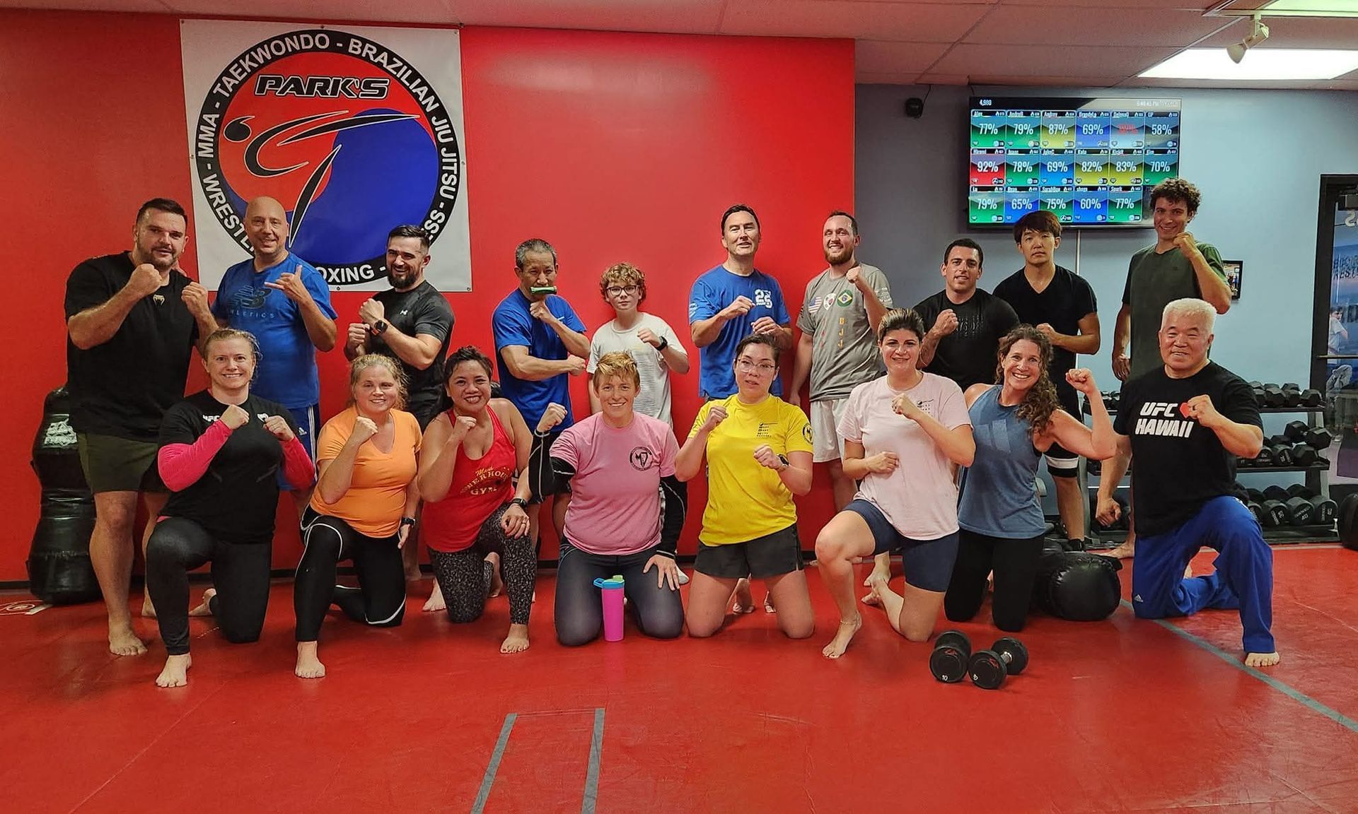 Adult students posing for camera before a Group fitness class
