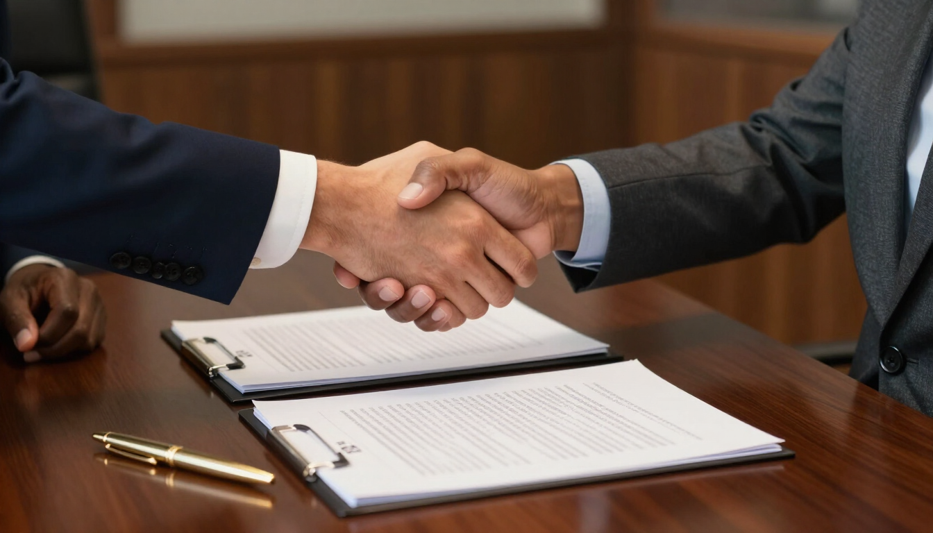Two people shaking hands across a conference table at Hutchinson and Huffman, P.A.