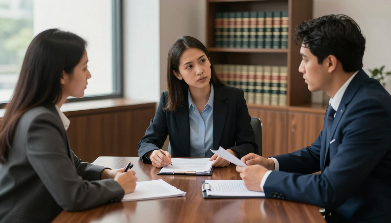 Attorney and clients in professional consultation at Hutchinson and Huffman, P.A.
