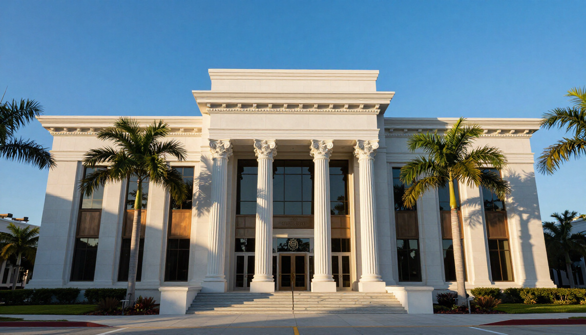 Florida county courthouse exterior at golden hour, representing criminal defense in West Palm Beach