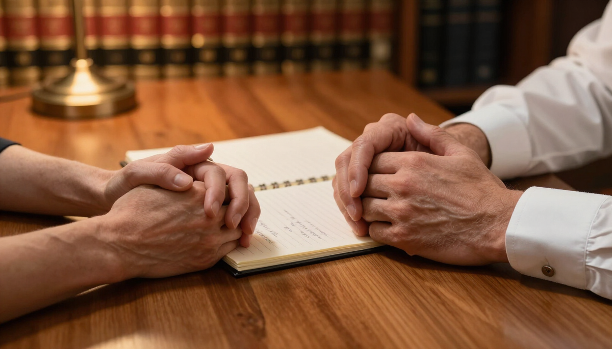 Attorney and family member reviewing a Marchman Act petition together in a West Palm Beach law office