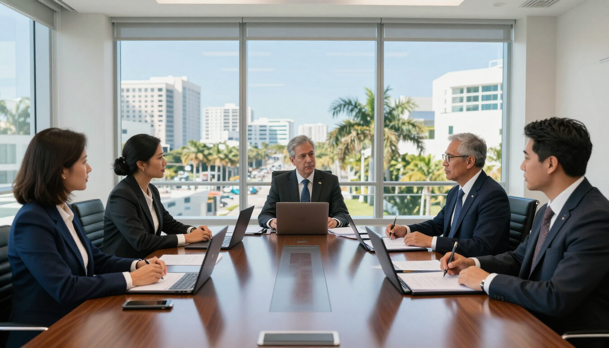Business professionals reviewing commercial contracts in a formal Florida meeting room, representing business and commercial litigation