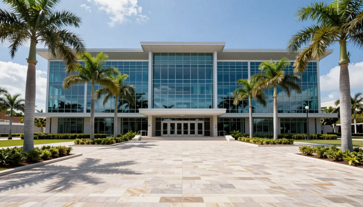 Modern glass-facade civil courthouse building in West Palm Beach, Florida, representing civil litigation services at Hutchinson and Huffman, P.A.