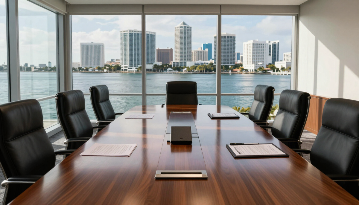 West Palm Beach corporate office boardroom with panoramic city view, representing corporate litigation services at Hutchinson and Huffman, P.A.