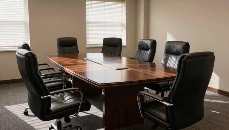 Empty formal corporate conference room representing business litigation preparation at Hutchinson and Huffman