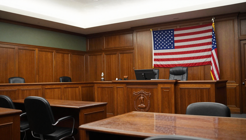 Florida courtroom interior with defense attorney at counsel's table