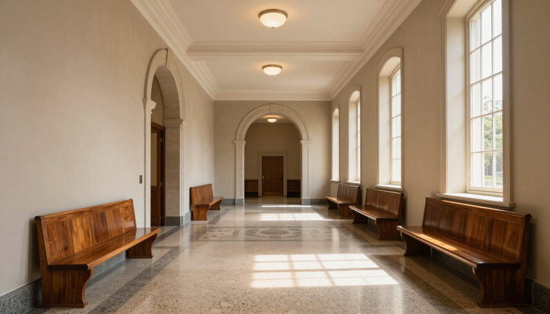 Florida courthouse interior hallway with terrazzo floors and arched doorways, representing criminal defense in West Palm Beach