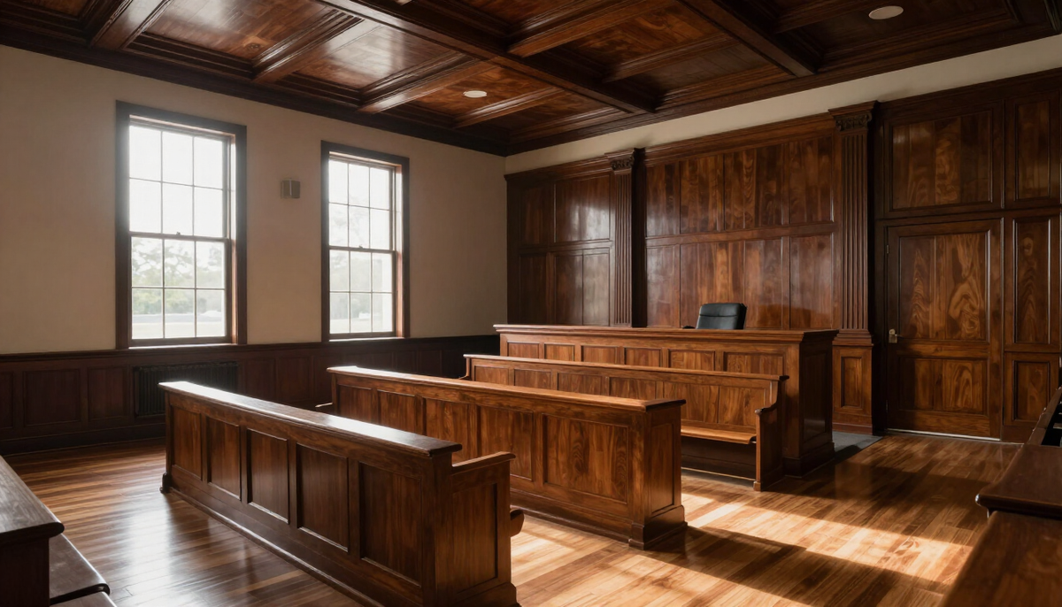 Empty Florida courtroom interior with dark wood paneling and natural light, representing criminal defense proceedings in Palm Beach County