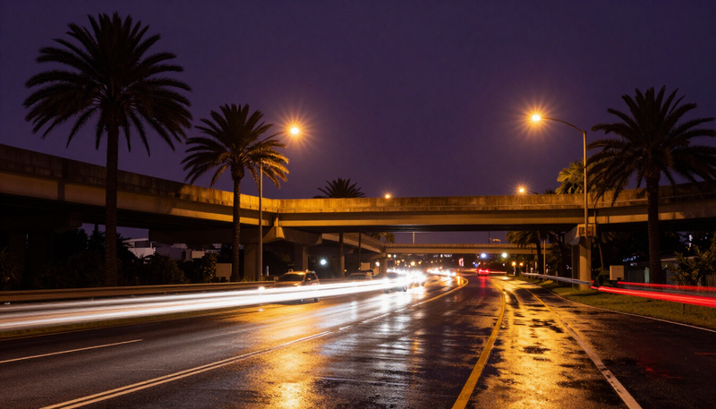 Florida highway at night with amber streetlights and palm silhouettes, representing DUI defense in Palm Beach County