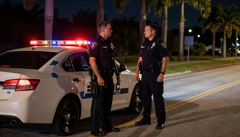 Police field sobriety test on a Florida roadside at night
