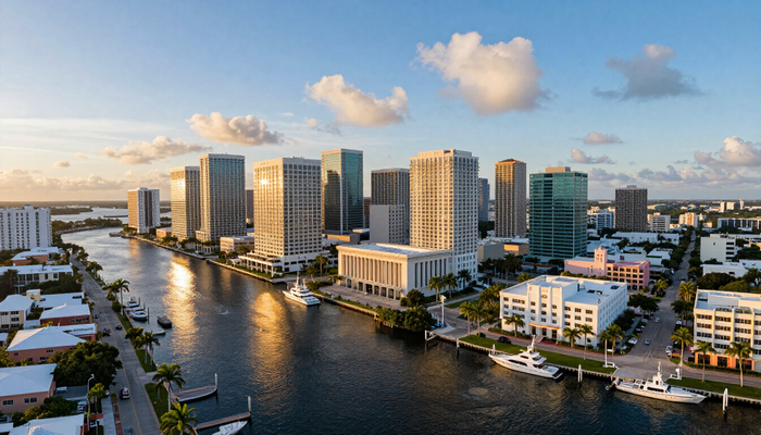 Fort Lauderdale and Broward County Florida skyline along the New River waterway at golden hour