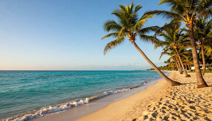 Atlantic coast beach with pier and palm trees, Delray Beach, Florida