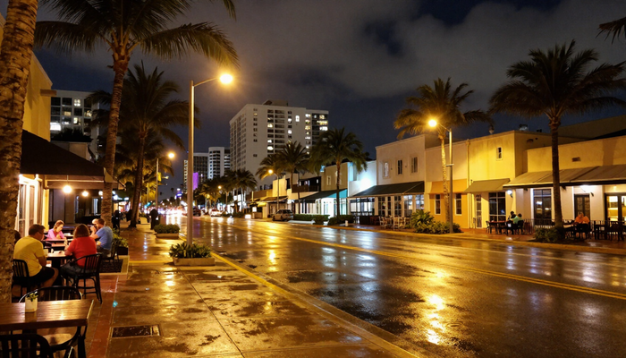 Fort Lauderdale Florida Las Olas Boulevard at night with warm amber street lights and palm trees