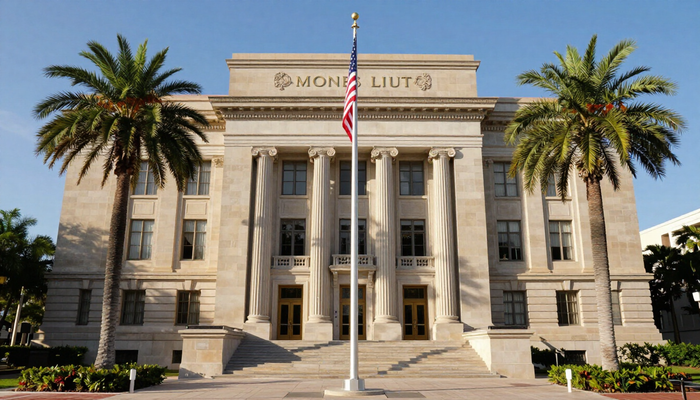 Miami Florida federal courthouse exterior with American flag and palm trees under a clear blue sky