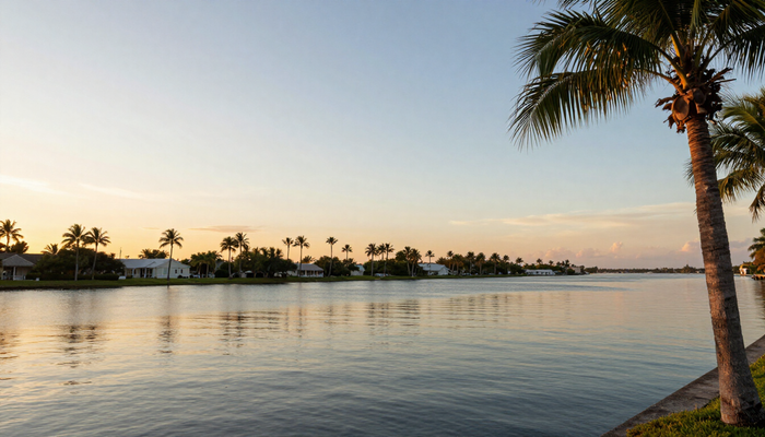 West Palm Beach Florida skyline reflected on the water at dusk