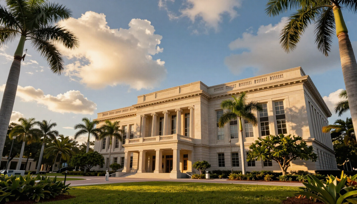 Palm Beach County courthouse exterior in downtown West Palm Beach, Florida, where Hutchinson and Huffman, P.A. handles criminal and civil matters