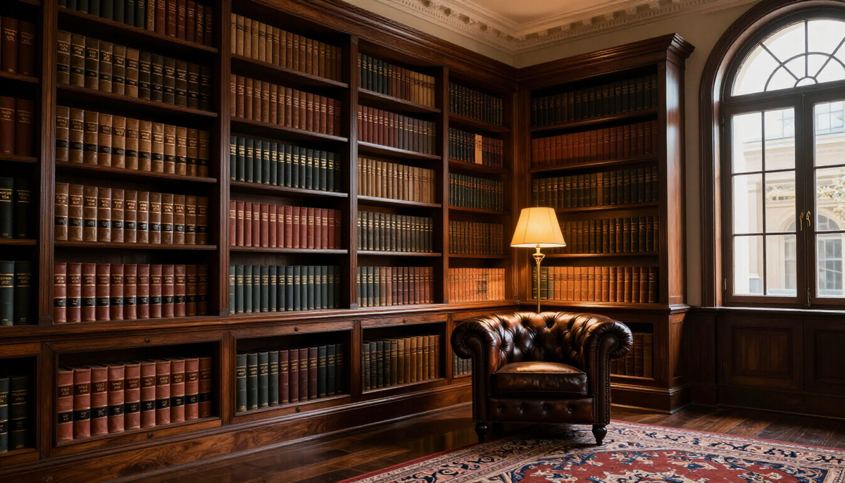 Warm law library interior representing Kent Huffman's legacy