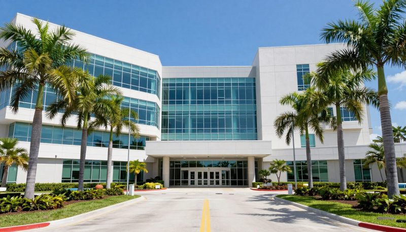Modern Florida medical center exterior, representing the healthcare costs and recovery journey faced by personal injury clients