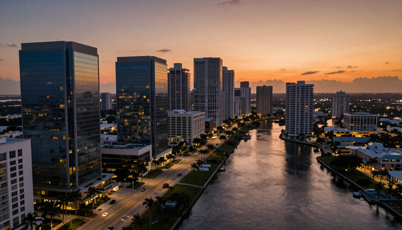 Aerial view of West Palm Beach downtown at dusk, where Hutchinson and Huffman, P.A. serves clients across Palm Beach County
