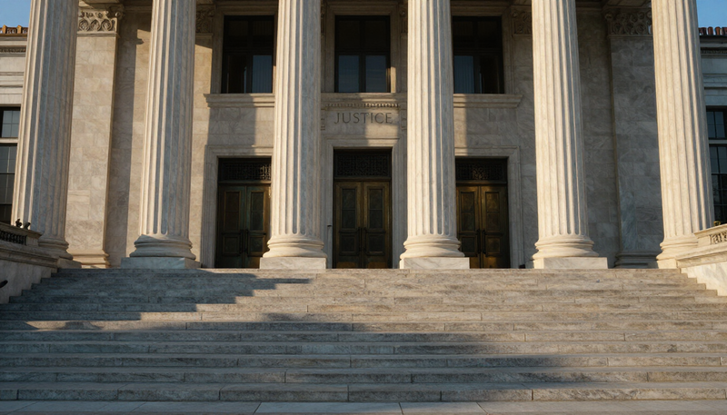 Classical courthouse entrance with stone columns and steps, representing serious criminal defense in Palm Beach County