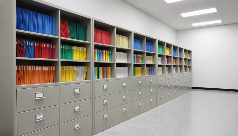 Corporate records room with floor-to-ceiling filing cabinets, representing document-heavy white collar defense work