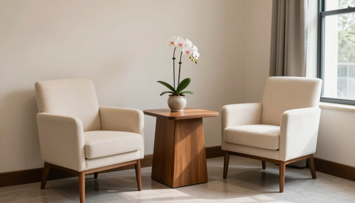 Warmly lit private consultation room, calm and supportive atmosphere