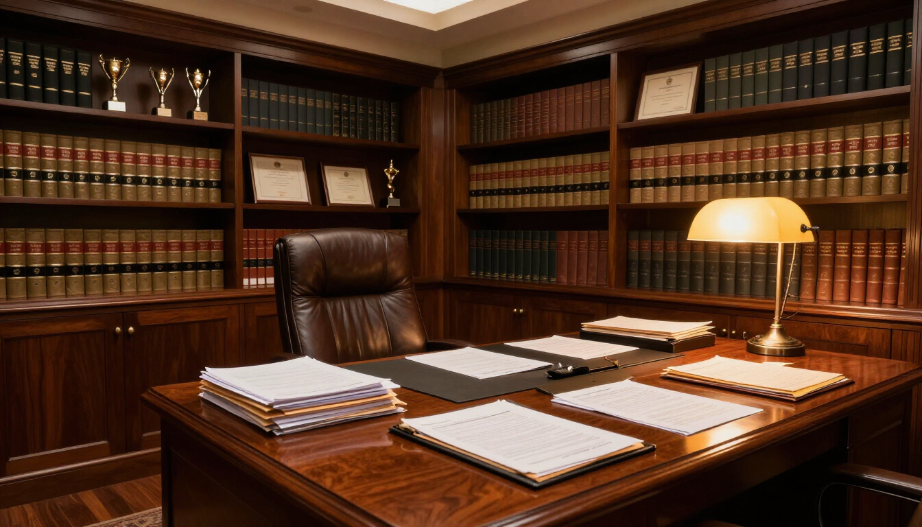 West Palm Beach law office with legal documents and case files on a mahogany desk