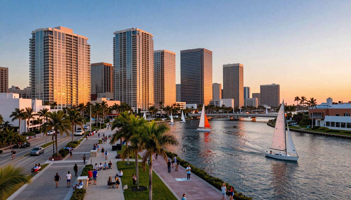 West Palm Beach Florida downtown skyline at golden hour along the Intracoastal Waterway
