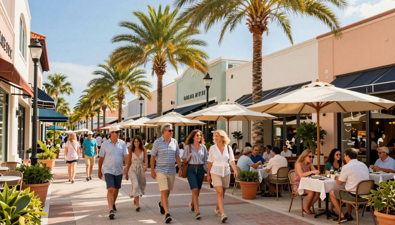 Vibrant West Palm Beach outdoor shopping and dining district with people enjoying a beautiful day
