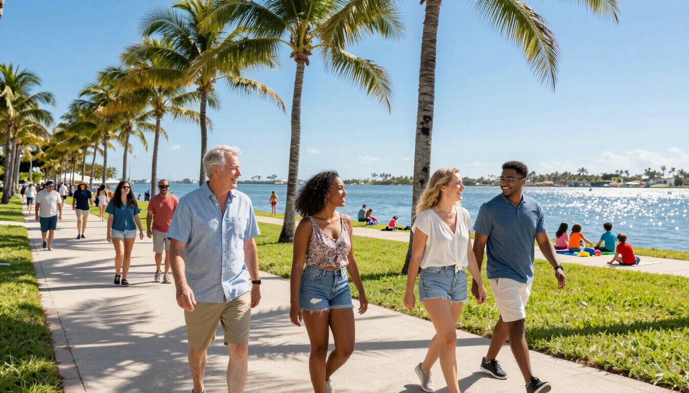 Happy people enjoying the West Palm Beach waterfront on a sunny Florida day