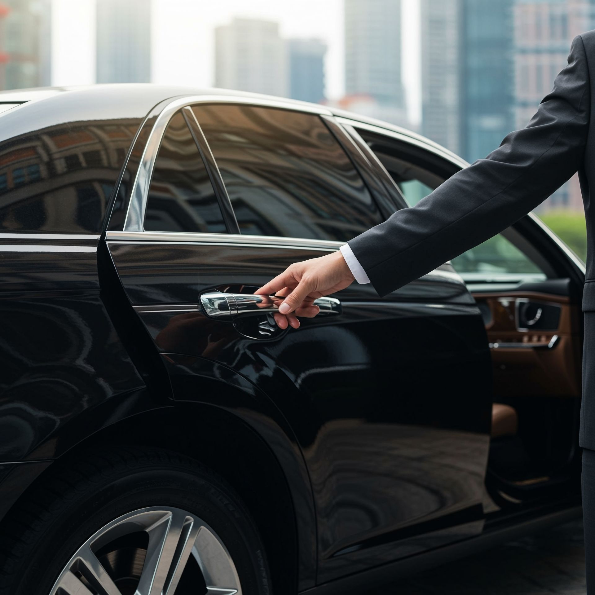Hand opening a black luxury sedan door in a city setting